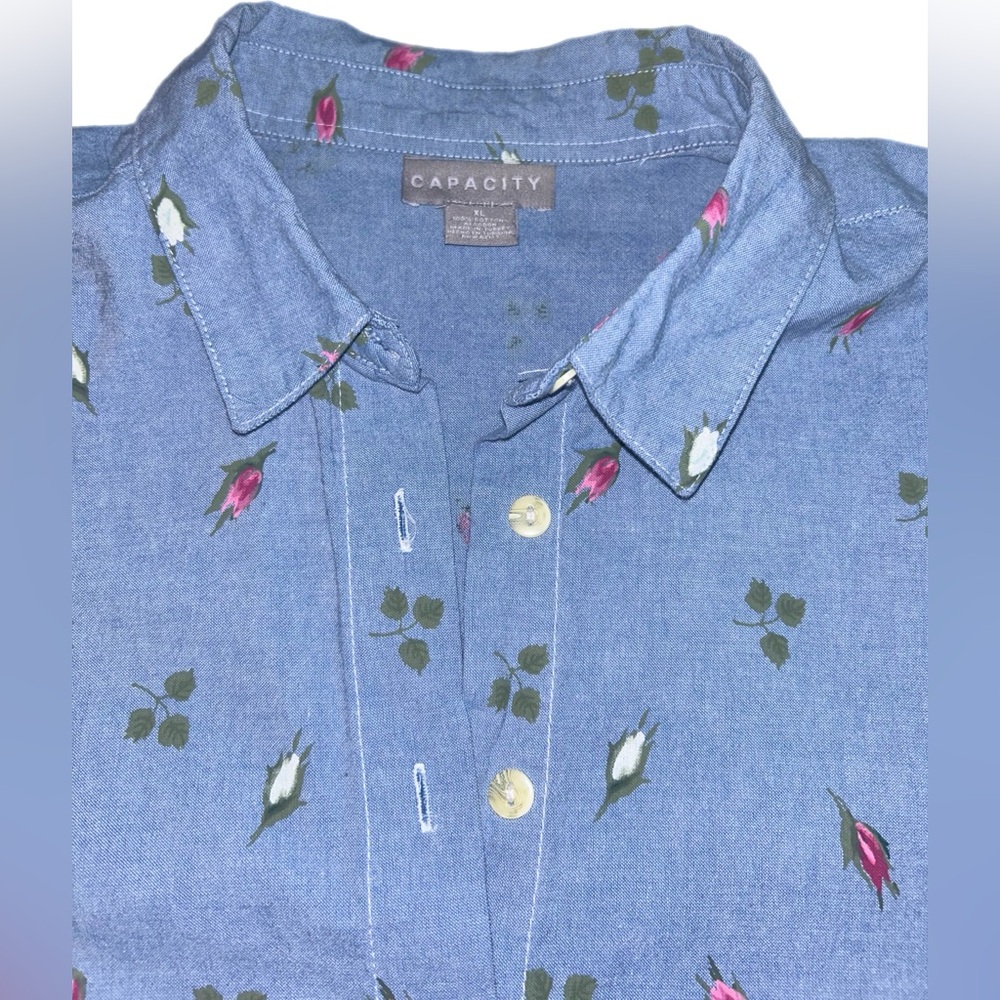 Floral Border Button-Down Shirt - Blue & Pink - Picture 2 of 5